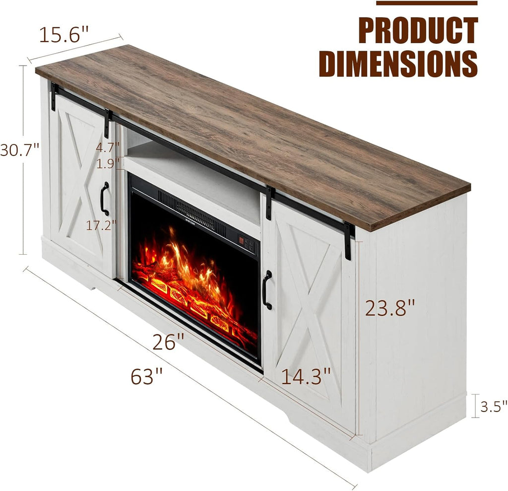 Fireplace TV Stand with Sliding Barn Door for TVs up to 73", Farmhouse 63" Fireplace Entertainment Center with Storage Cabinets/Adjustable Shelves, Distressed White & Barnwood A132-B0CCSRLNZ1