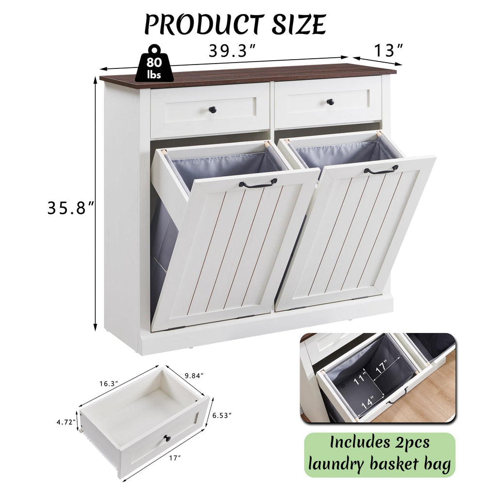 Double Tilt Out Laundry Hamper Cabinet, Trash Cabinet, Antique White