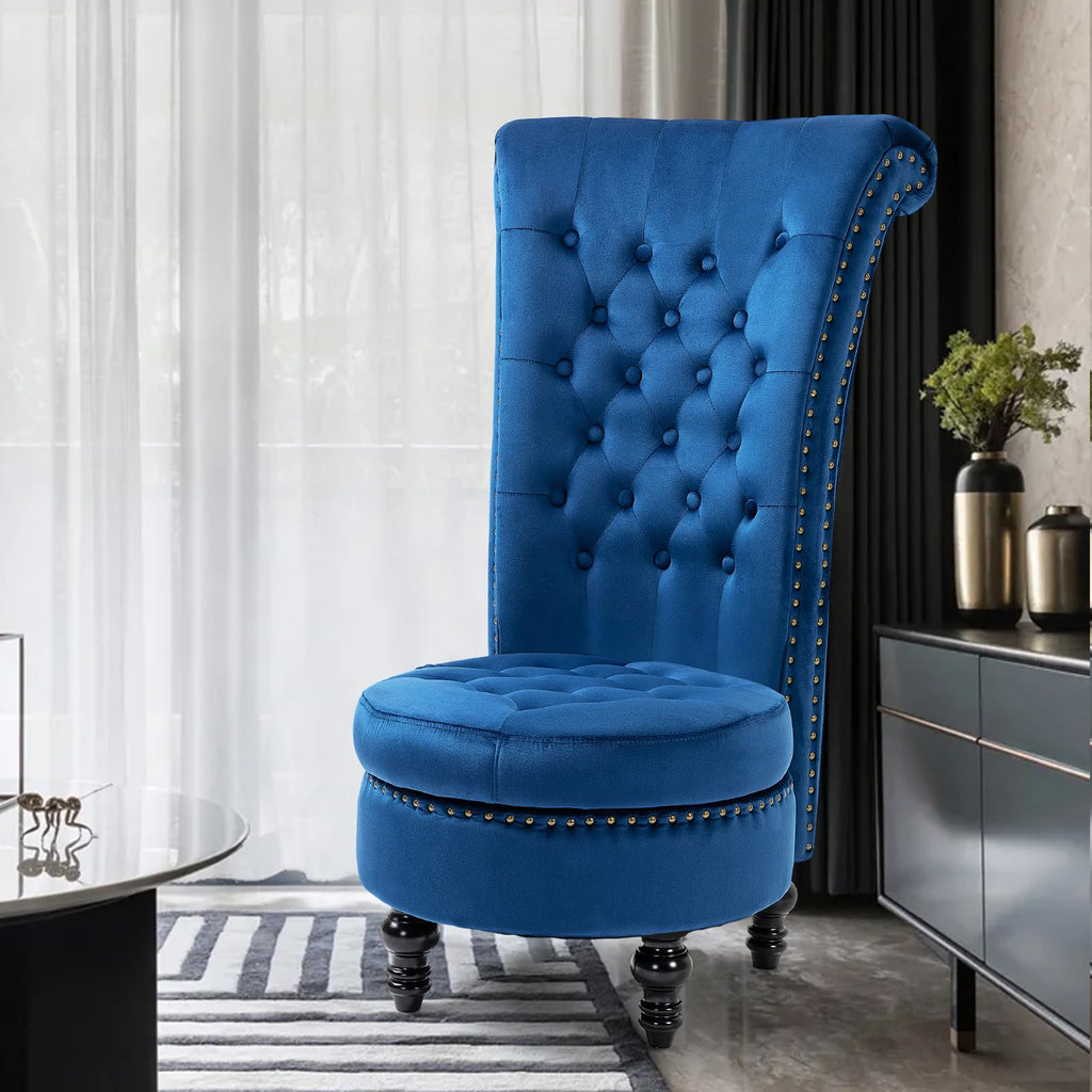High Back Throne Chair with Storage, Blue Velvet Royal Accent Chair