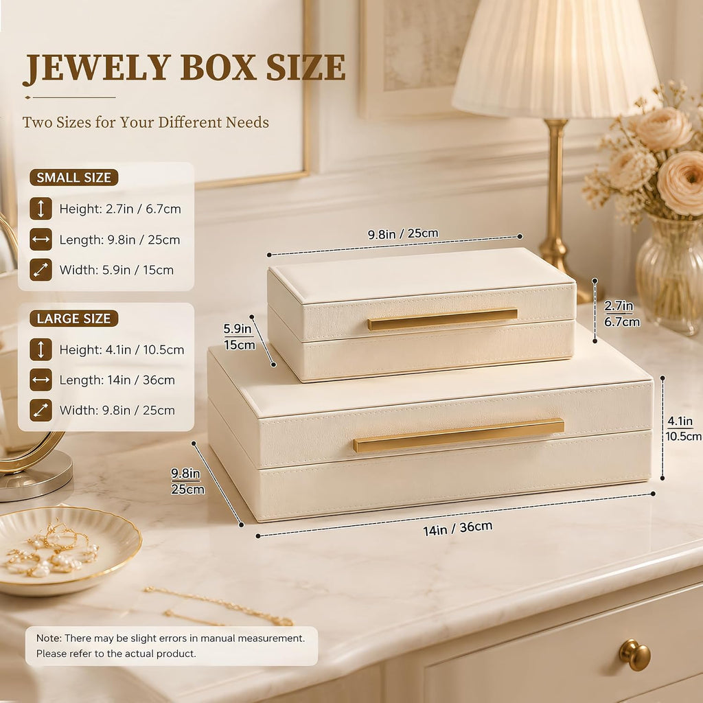 Shagreen Decorative Box, Modern Faux Leather Beige Decorative Storage Boxes with Lids and Metal Handles - Set of 2