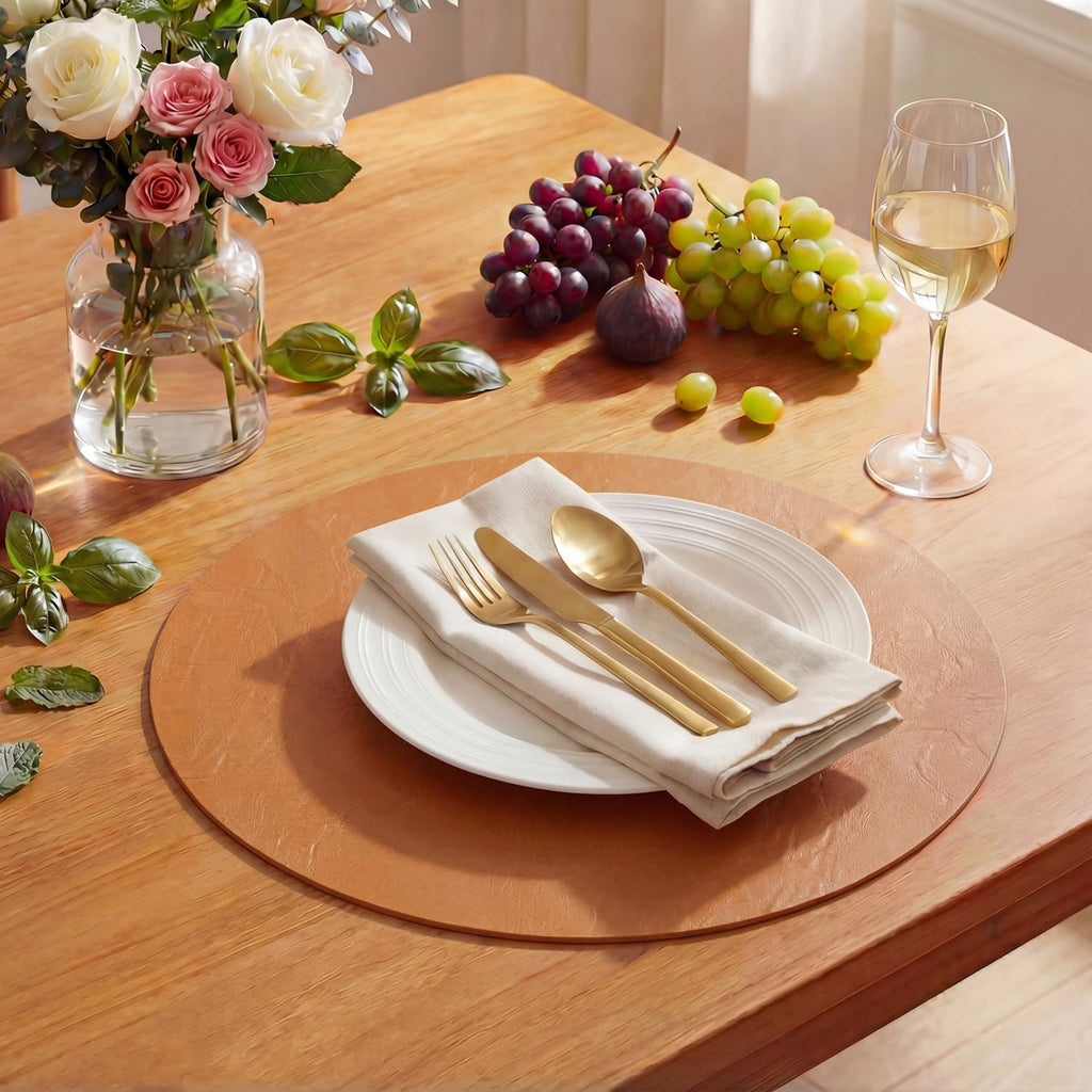 Rust Faux Leather Placemats Set of 4, 15 Inch Waterproof Wipeable Heat Resistant Vinyl Place Mats, Reversible Table