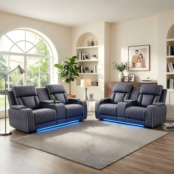 2 Piece Recliner Loveseat Set, Power Reclining Leather Couch with LED Lights, USB Charging, Cup Holders & Storage