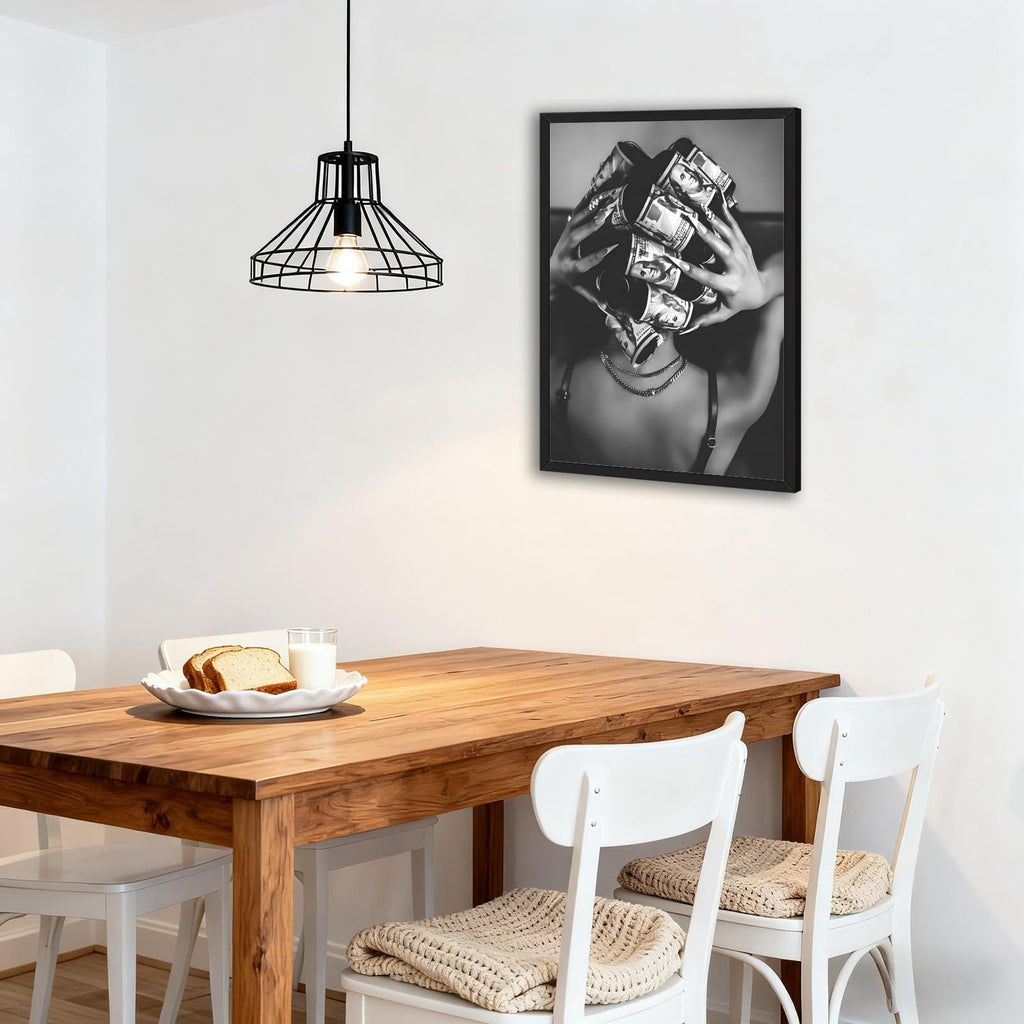 Framed Black Woman with Money on Head Wall Art Trendy Black and White Canvas Print Luxury Money Hair Rollers Fashion