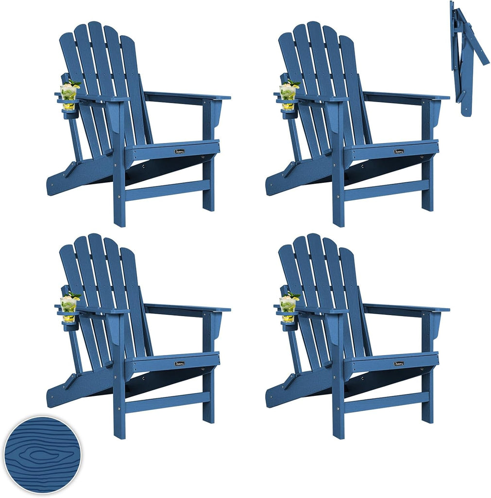 Folding Adirondack Chair Set of 4, Fire Pit Chairs with Cup Holder | Wood-Grain, HDPE All Weather, Quick-Folding, No