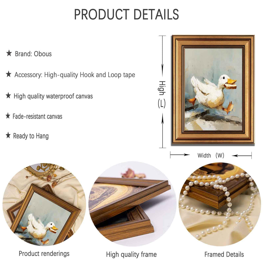 Gold Framed Duck Canvas Wall Art Fun Silly Goose Painting Decor Pictures Farmhouse Animal White Duck Posters Prints
