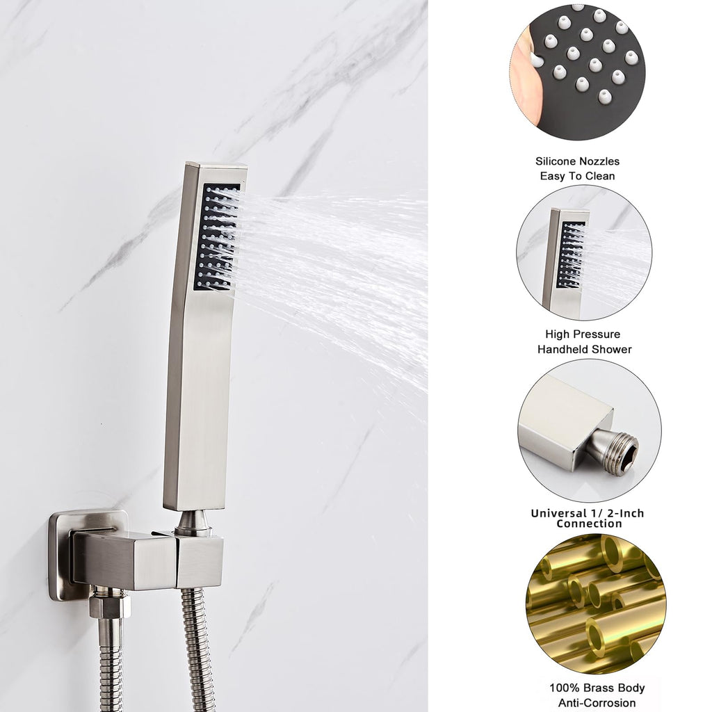 Brushed Nickel Square Hand Shower Head, handheld shower head with hose, Brass High Pressure Rinse With Adjustable