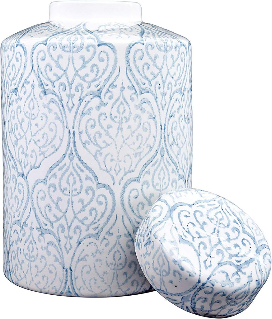 Tall Decorative Ceramic Ginger Jar with Lid, Blue and White Floral Pattern