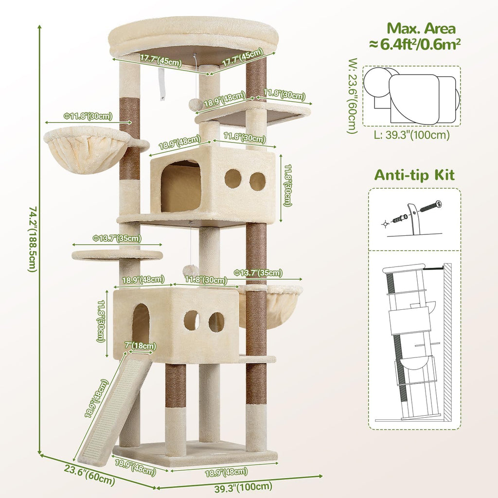 74in Tall Cat Tree for Indoor Cats Large Adult, Beige