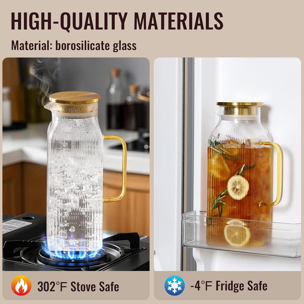 2 Pack 2 Liter/68 oz Square Glass Pitcher with Lid, Classic Stripes Water Pitchers with Handle for Fridge, Large Jug