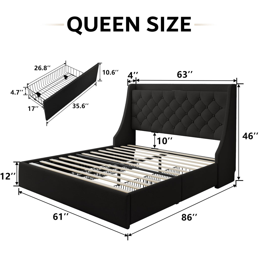 Queen Bed Frame with 4 Storage Drawers, Upholstered Platform Bed Frame with Type-C & USB Ports, Wingback Storage