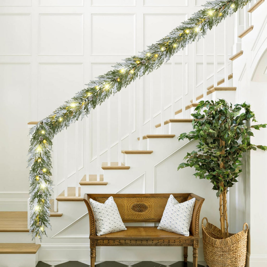 9 FT Flocked Norfolk Pine Garland Christmas Garland with Lights