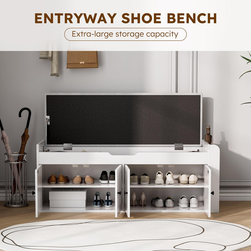 47.2" Storage Bench - Entryway Shoe Bench with Side Storage Shelves and 4 Doors, Multifunctional Entryway Bench with