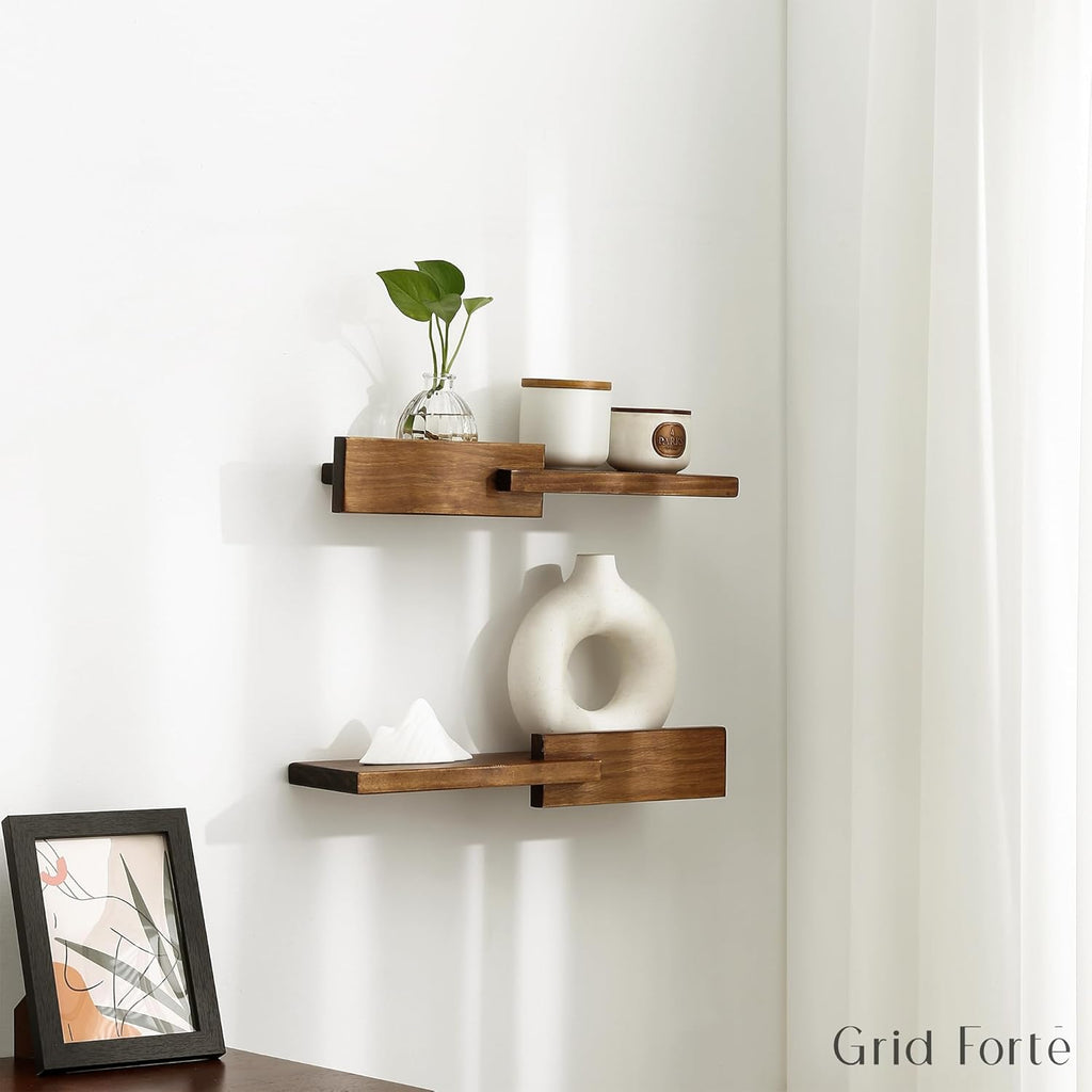 Wood Floating Shelf Set of 2, 4.5D x 15W Inch Modern Reversible Wall Shelves, Minimalism Wall Mount Hardwood Shelves