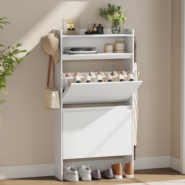 Slim Shoe Cabinet with 2 Flip Drawers & Open Storage, 23.6" W White