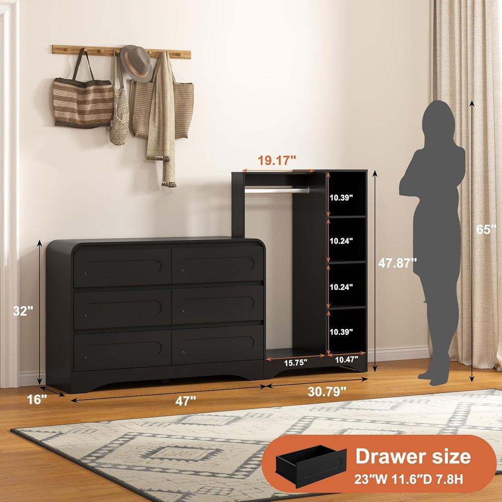 Dresser with Clothes Hanging Rack, Wardrobe Closet w/ 6 Drawers and Shelves | Pre-Installed Slides for Fast