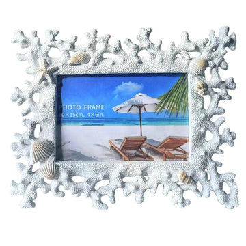 4x6 Coral Shell Picture Frame, White Resin Beach Decor