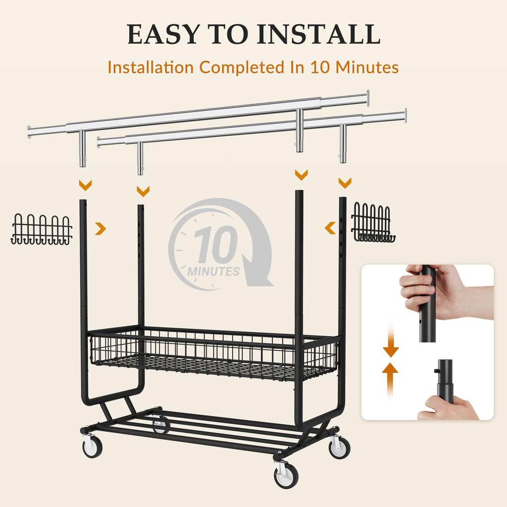 Clothes Rack Heavy Duty Load 1060 LBS with Wheels, Commercial, Black