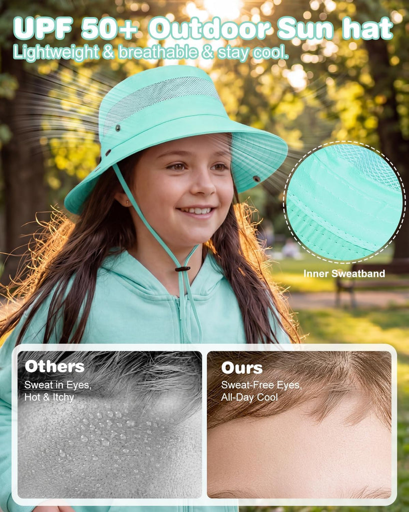 Kids Sun Hat with Ponytail Hole & Detachable Neck Flap UPF50+ Quick Dry Girls Bucket Hat for Outdoor Beach