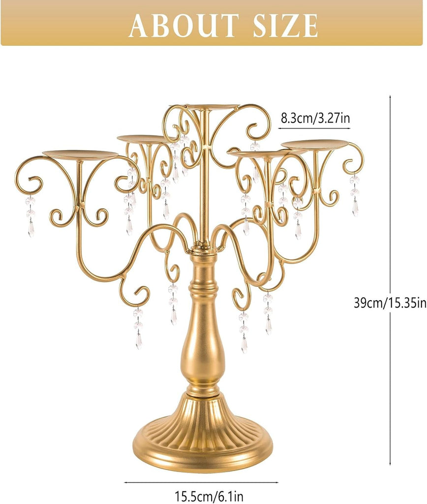 15.3in Gold Candelabra Centerpieces for Tables, 5 Arm Crystal Candelabra for Pillar Candles, Metal Candelabra Candle