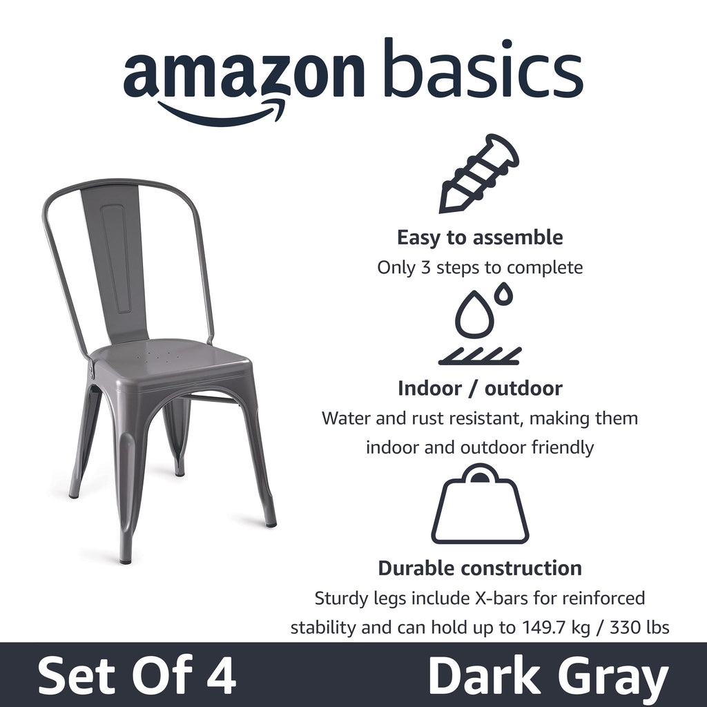 Metal Dining Chairs, Easy to Assemble, Indoor/Outdoor, Stackable, 330-Pound Capacity, Dark Gray, 4-Pack, 20.1 x 17.1