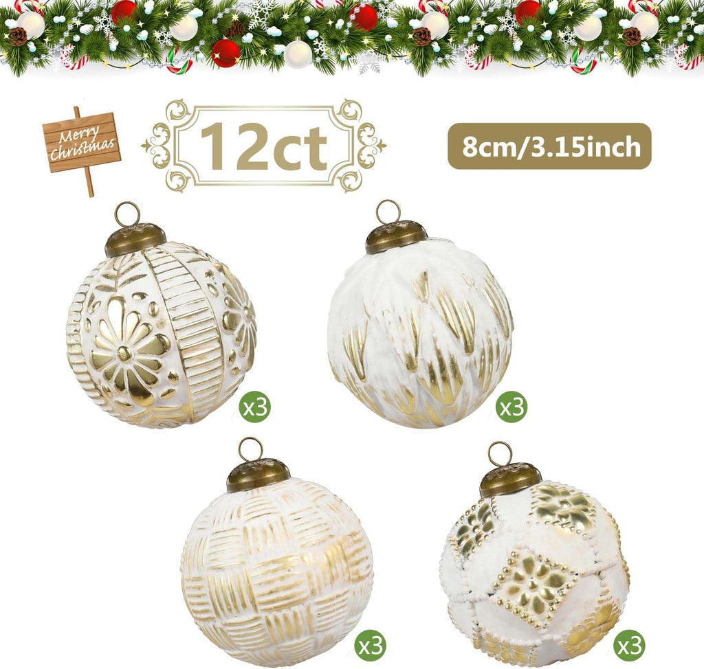 Christmas Ball Ornaments Set, 80mm Elegant White and Gold Assorted Xmas Tree Ball Ornaments, Shatterproof - Set of 12