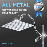 All Metal Dual Shower Heads Combo with Curved Extension Arm, 10" Rain Shower Head with Handheld Spray