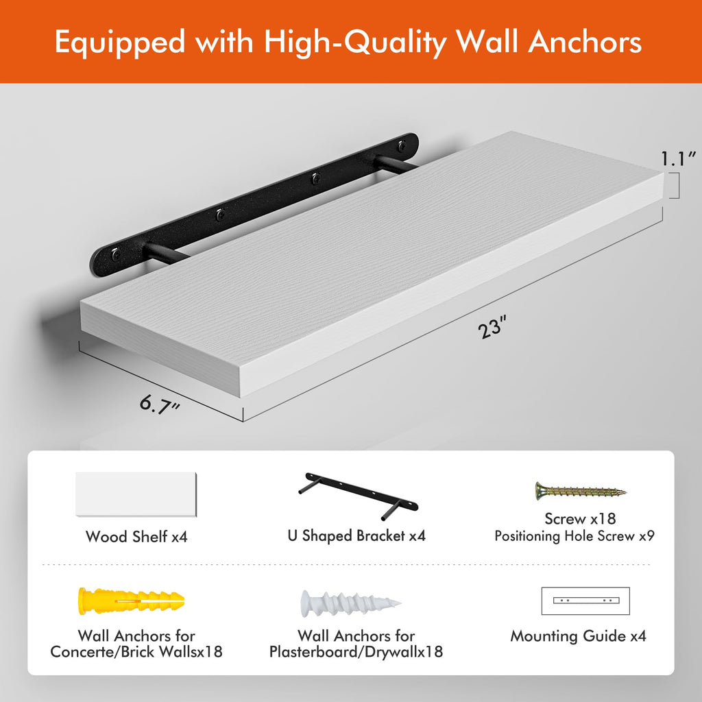 23''White Floating Shelves for Wall, Rustic Wood Shelf for Room Decor/Storage/Display, Small Bookshelf, Wall Mounted