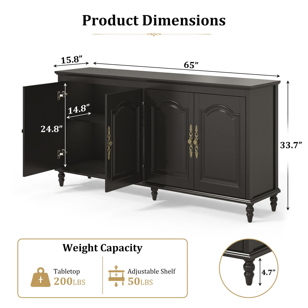 65" Black Buffet Cabinet with Storage, Farmhouse Sideboard Cabinet
