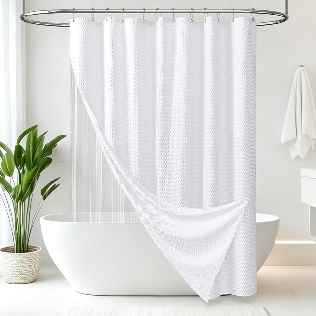 3 in 1 Waffle Shower Curtain Set with PEVA Liner 72Wx72H White | 256GSM Heavy Duty Fabric, Waterproof Clear Liner