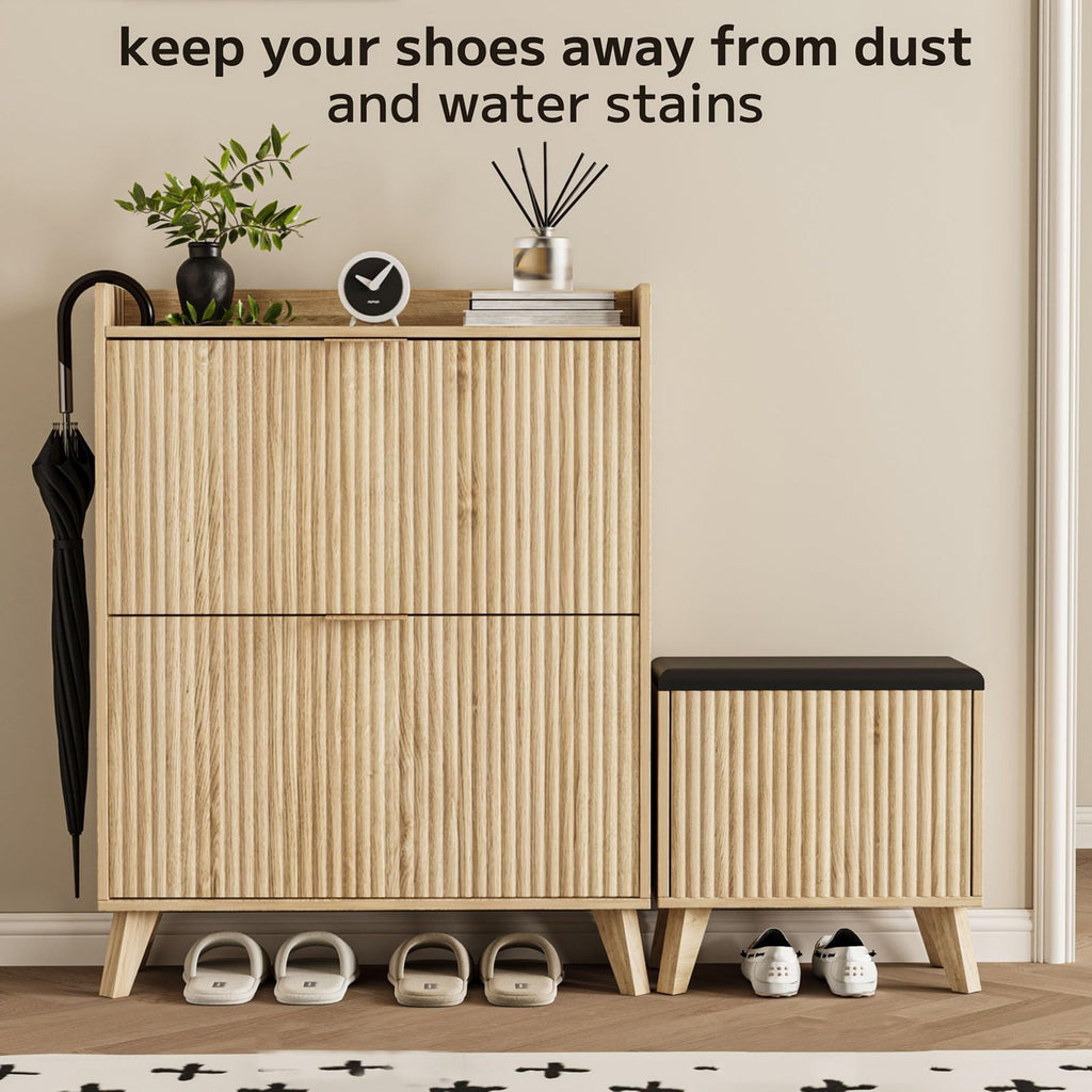Shoe Cabinet with Bench, Fluted Entryway Shoe Storage with 2 Flip Drawers, Narrow Hidden Organizer, Adjustable Shelf
