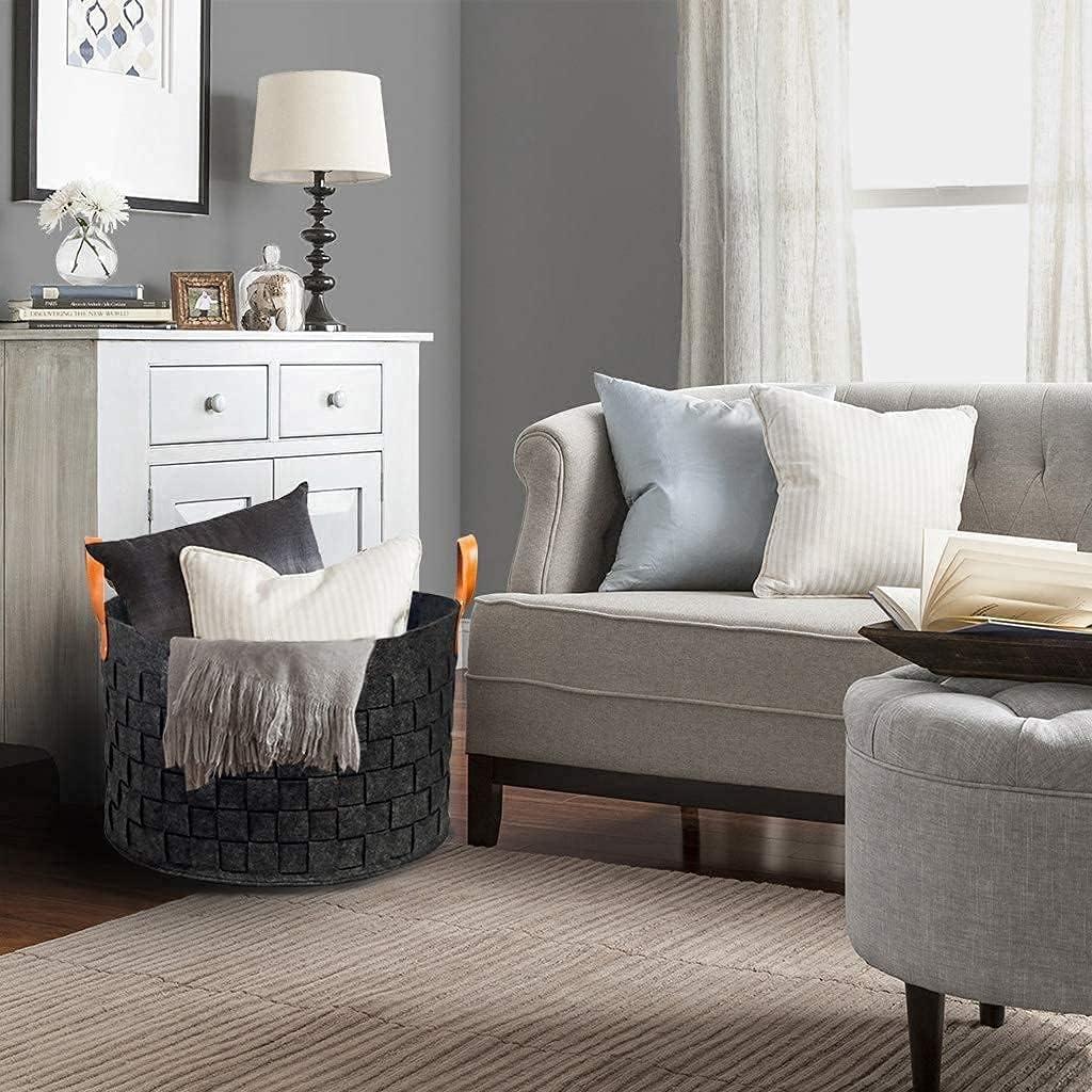 Laundry Basket 20 " x20 x11.8 , Large Round Blanket Basket with Leather Handle, Felt Storage Basket , Dog Toys-Dark