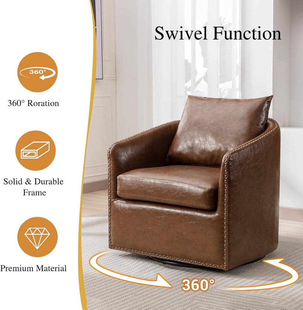 Degree Swivel Accent Chair Set of Two with Plump Back Pillow, Waterproof Oil Waxed PU Leather Swivel Armchair - Set of 2