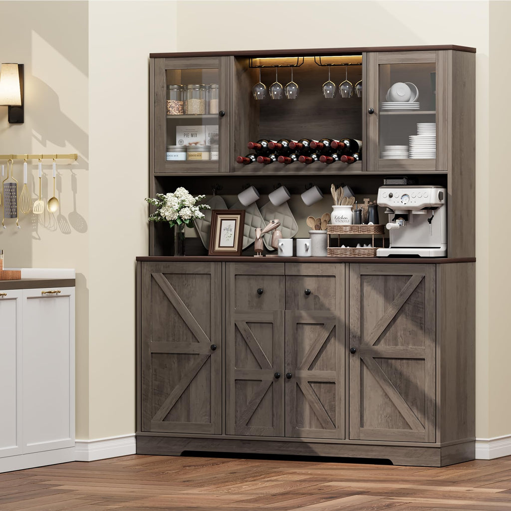 68" Tall Kitchen Pantry Storage Cabinet with Charging Station, 55" Wide Kitchen Hutch Cabinet with Large Countertop
