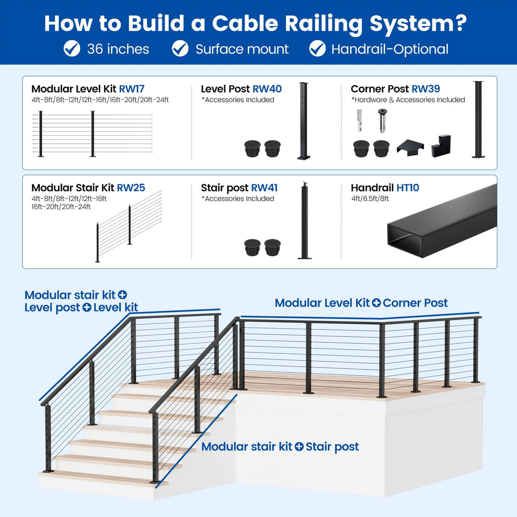 12-16ft Modular Cable Railing Kit for Deck Surface Mount 36in RW17