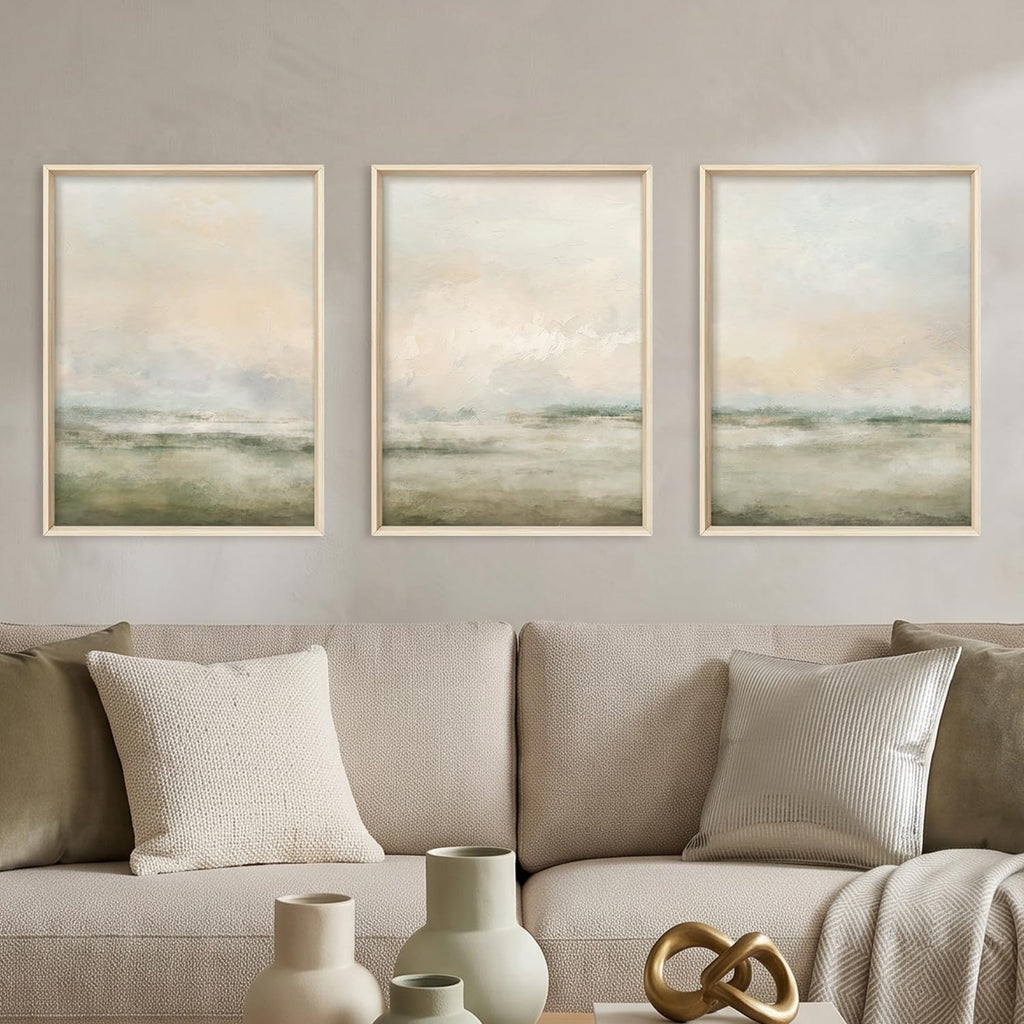 Abstract Beige Green Landscape Framed Canvas Wall Art Set- 12"x16"x3