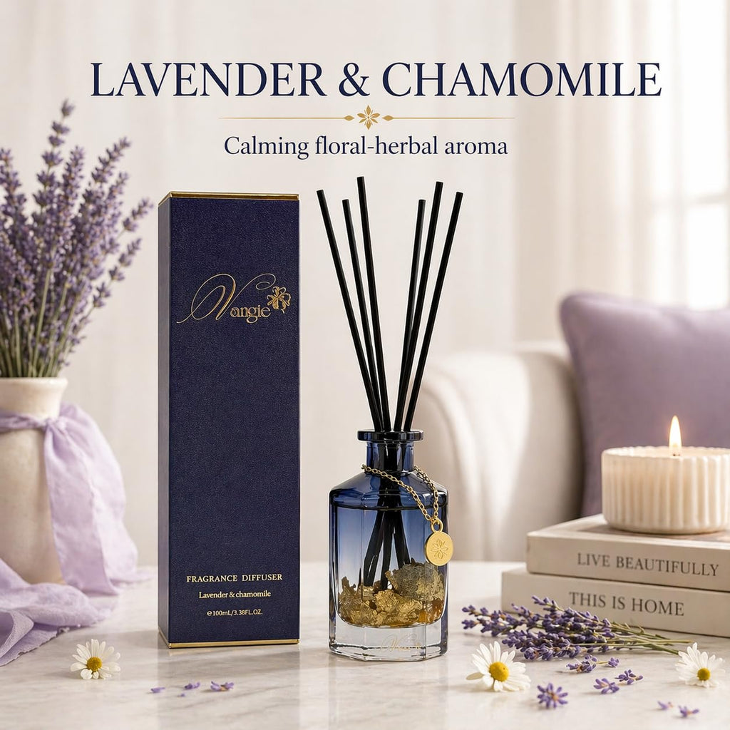 Luxury Reed Diffuser | Lavender & Chamomile Calming Scent | Floating Gold Leaf Glass Bottle | Long-Lasting Aroma