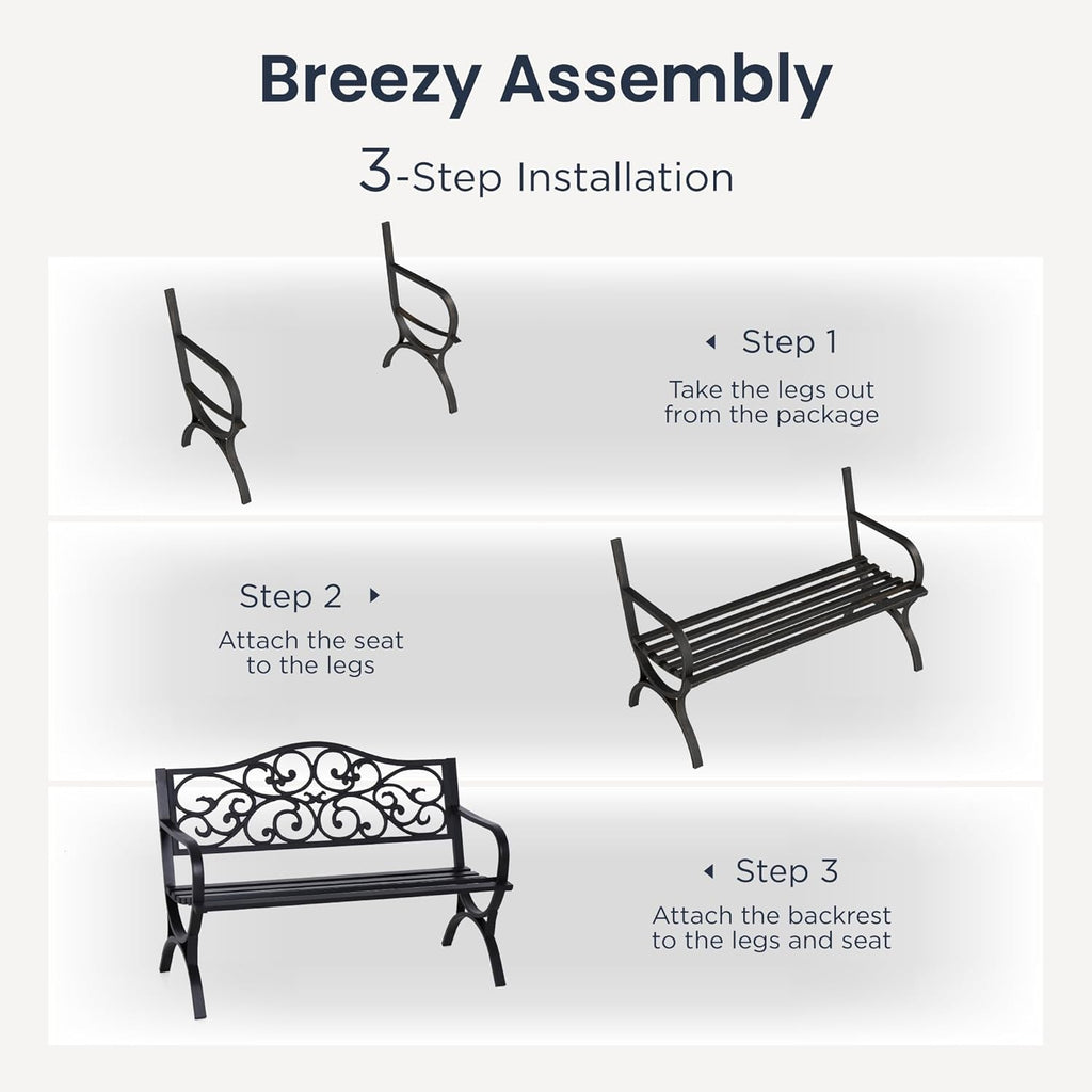 50 Inches Cast Iron Steel Frame Outdoor Garden Bench, Black | E-coating Floral Design Backrest, Slatted Seat