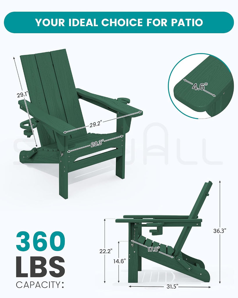 Modern Folding Adirondack Chairs Set of 2, HDPE, Cup Holders, Green | Outdoor All-Weather Lawn Adirondack Chairs Wood