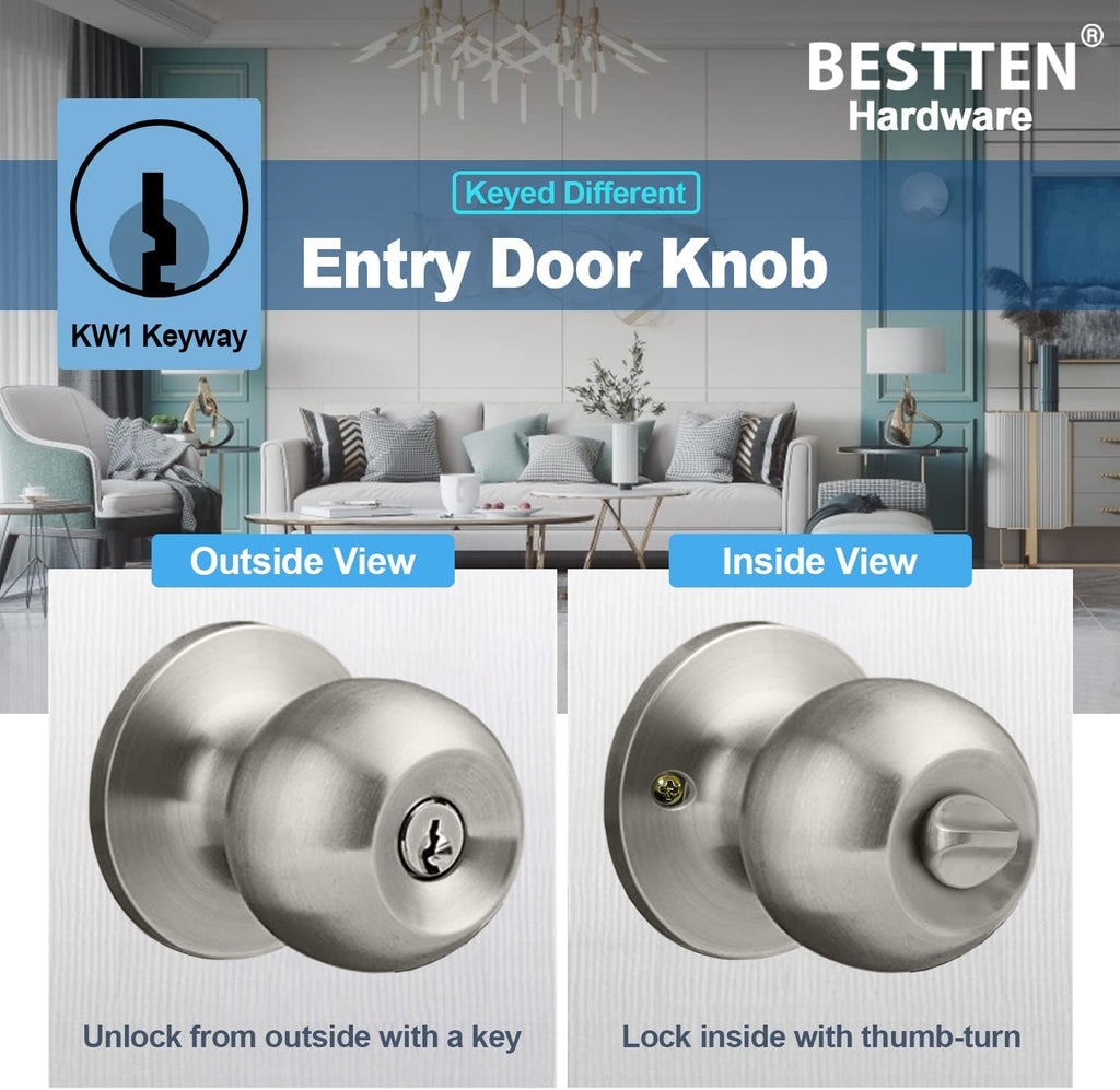4 Pack Door Knob with Lock and Key, Keyed Different, Satin Nickel