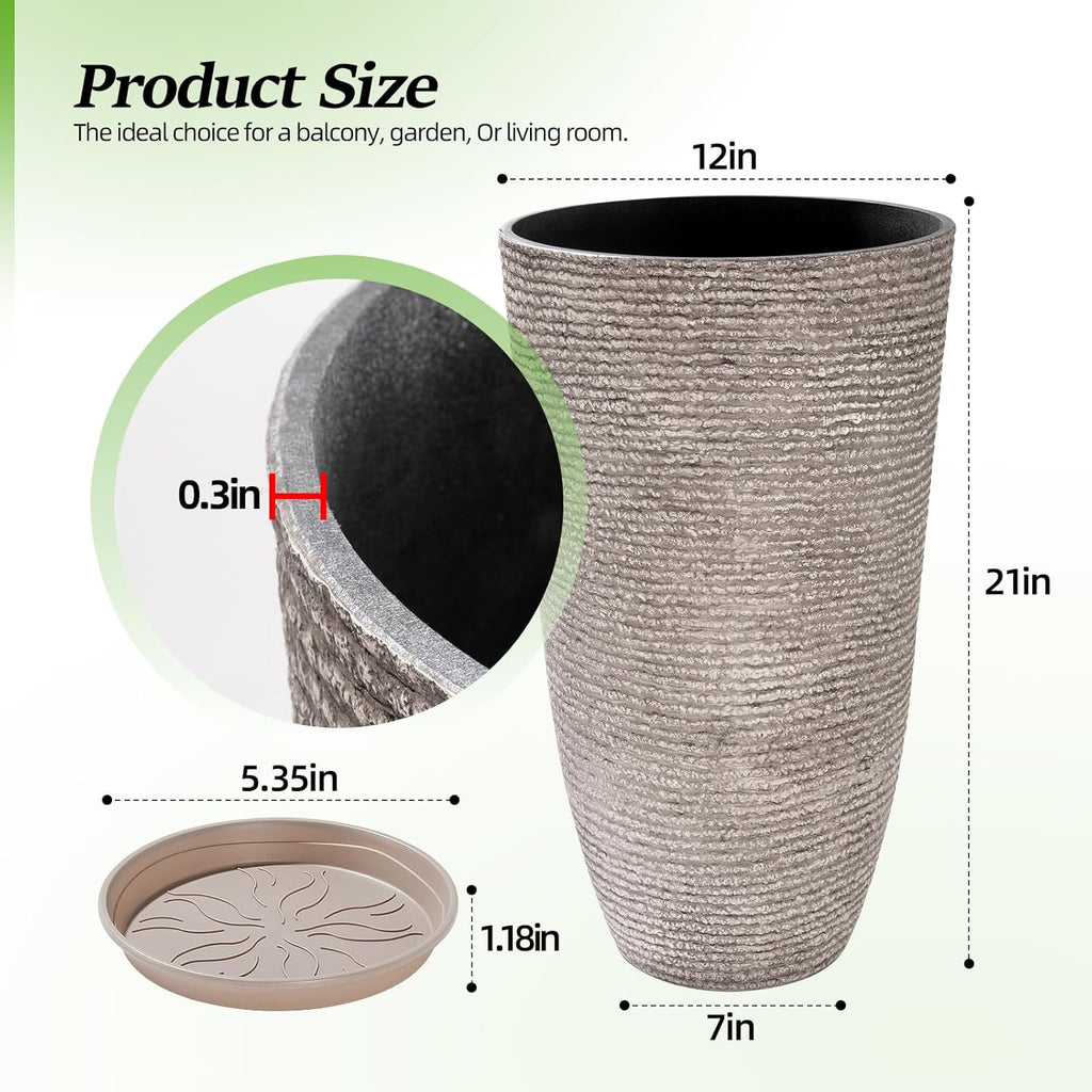 Set of 2 Oversized 9 Gallon Round Planters for Front Door & Patio - 12x21 Inch Tall Outdoor/Indoor Plant Pots with