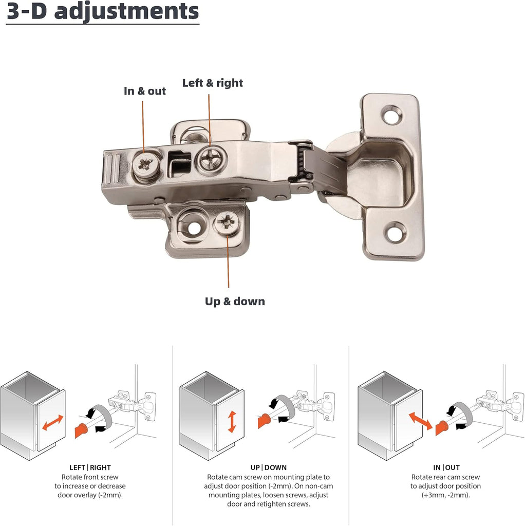 Full Overlay European Soft Close Cabinet Hinges Cabinets (20 Pcs) -105° Frameless Concealed Cabinet Door Hinge -6 Way