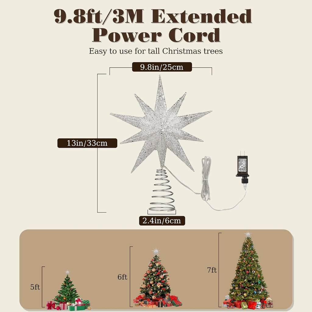 Christmas Tree Topper Star, 13inch 10-Point Light Up Xmas Star Treetop with Plug and Remote Control Christmas