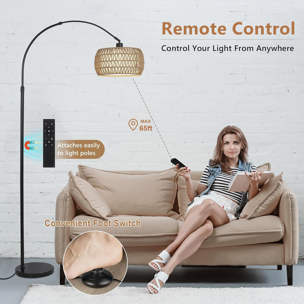 Arc Floor Lamps with 3 Color Temperatures, Black Standing Lamp with Remote & Dimmable LED Bulb, Rattan Boho Floor Lamp