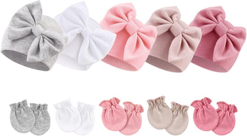 Newborn Baby Girls Hats Mittens Set Hospital Hat Beanie Infant Bow Hats Baby Cotton Gloves for 0-6 Months