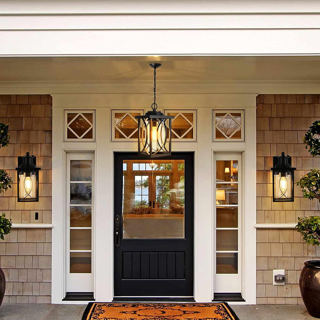 Outdoor Pendant Light Fixture, Modern Black Exterior Hanging Lantern Anti-Rust Metal Hanging Lights with Clear Glass