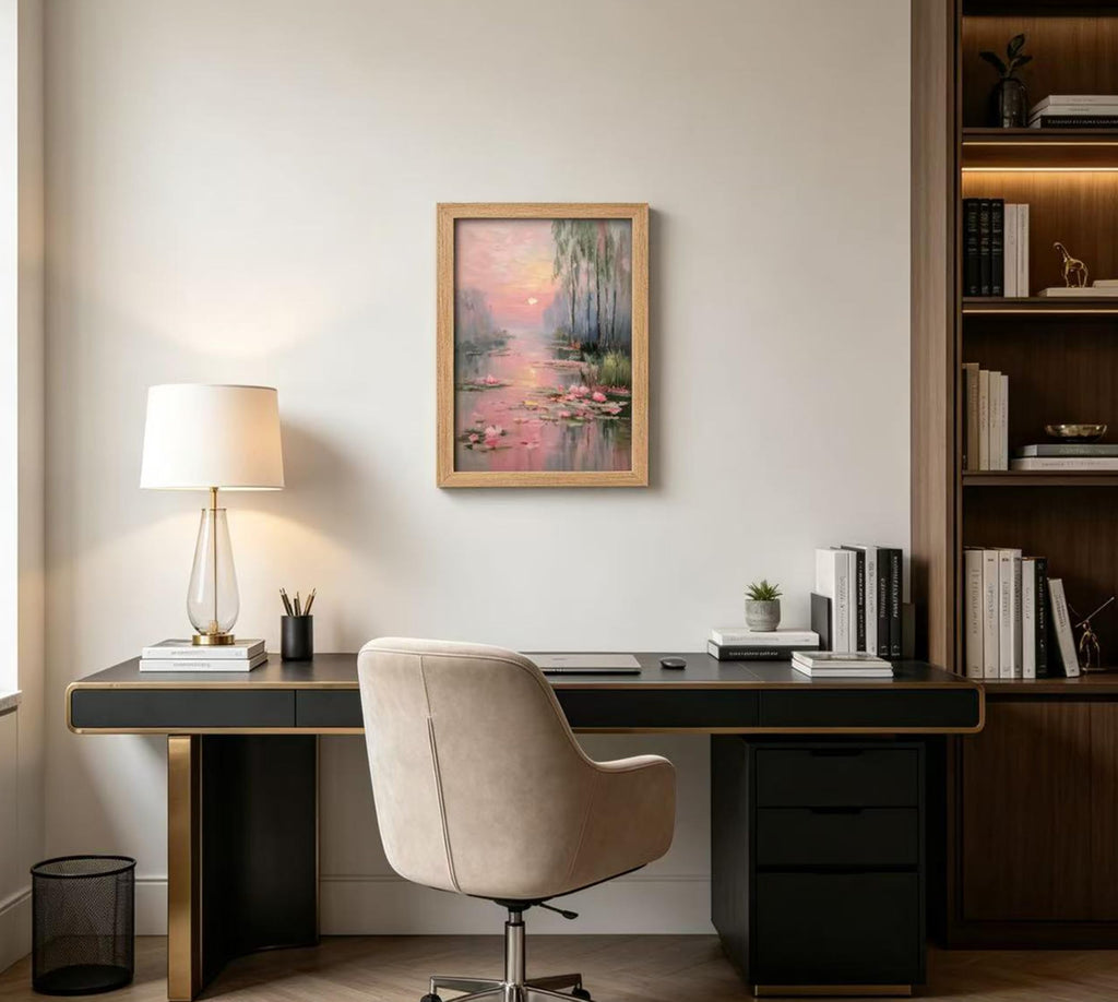 Framed Pink Water Lilies Wall Art, Impressionist Lotus Pond Oil Painting Canvas Prints, Serene Sunset Landscape Wall