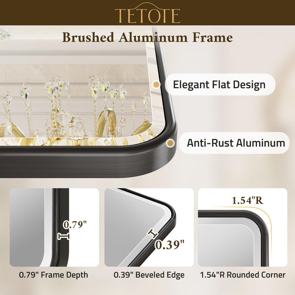 Black Mirrors for Wall 40 x 30 Beveled Edge Tempered Glass, Rounded Corner Rectangle Framed Mirror for Modern