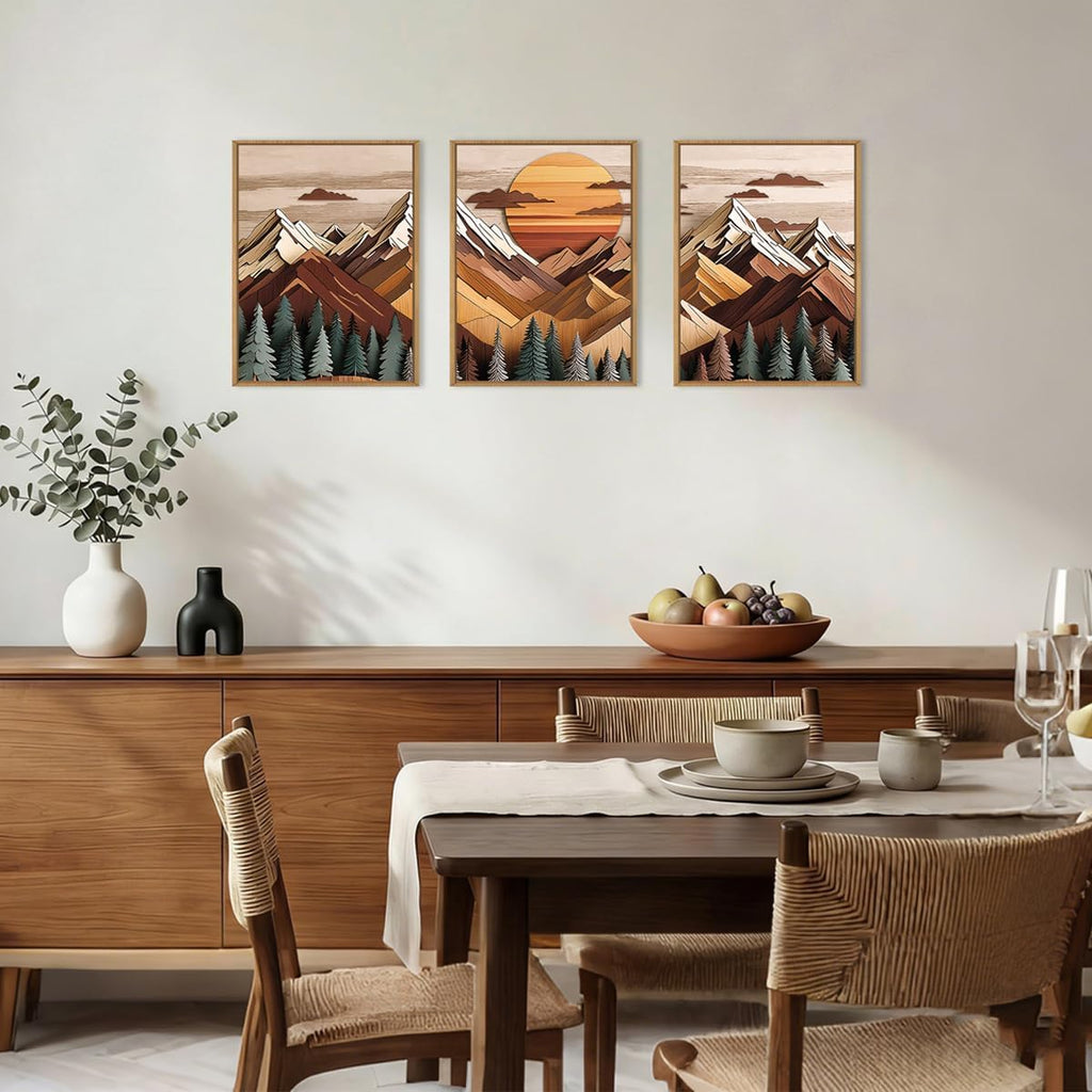 Woodcut Style Mountain Framed Canvas Wall Art Set,Wooden Pine Tree Wall Decor,Vintage Forest Landscape Art