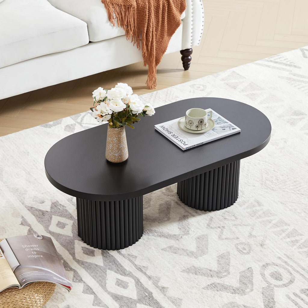 Small Fluted Coffee Table, Farmhouse Oval Wood Coffee Table, Black