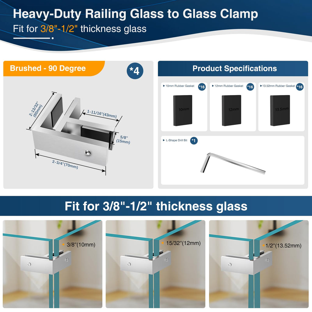 4 Pack SST304 Railing Glass to Glass Clamps, 90° Corner Glass Clips